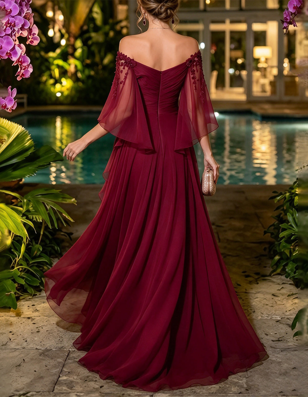 Burgunderrotes Maxikleid aus Chiffon mit schulterfreiem Ausschnitt und flatternden Cape-Ärmeln