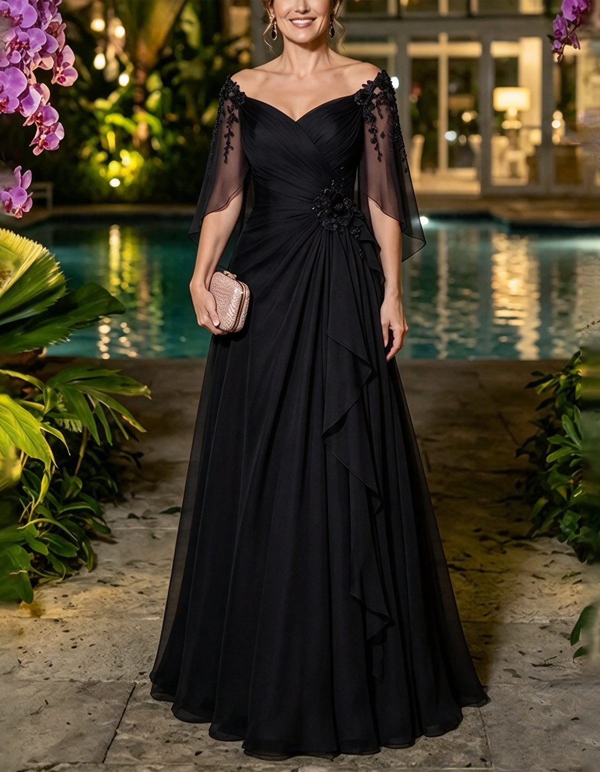 Burgunderrotes Maxikleid aus Chiffon mit schulterfreiem Ausschnitt und flatternden Cape-Ärmeln