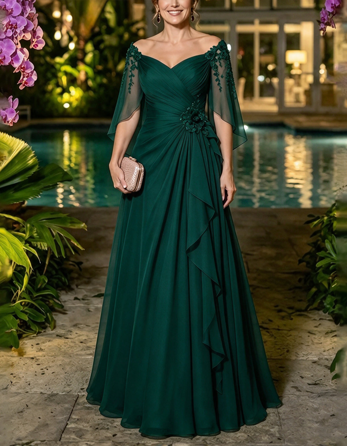 Burgunderrotes Maxikleid aus Chiffon mit schulterfreiem Ausschnitt und flatternden Cape-Ärmeln