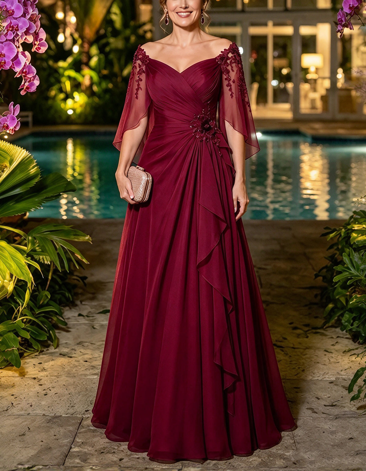 Burgunderrotes Maxikleid aus Chiffon mit schulterfreiem Ausschnitt und flatternden Cape-Ärmeln