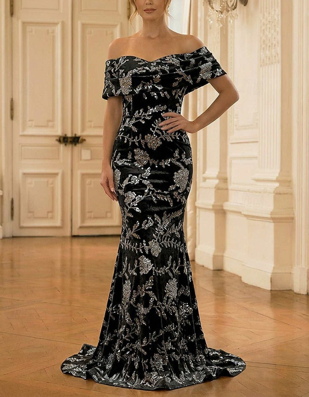 Champagne Gold Off-the-Shoulder Velvet Sequin Maxi Dress