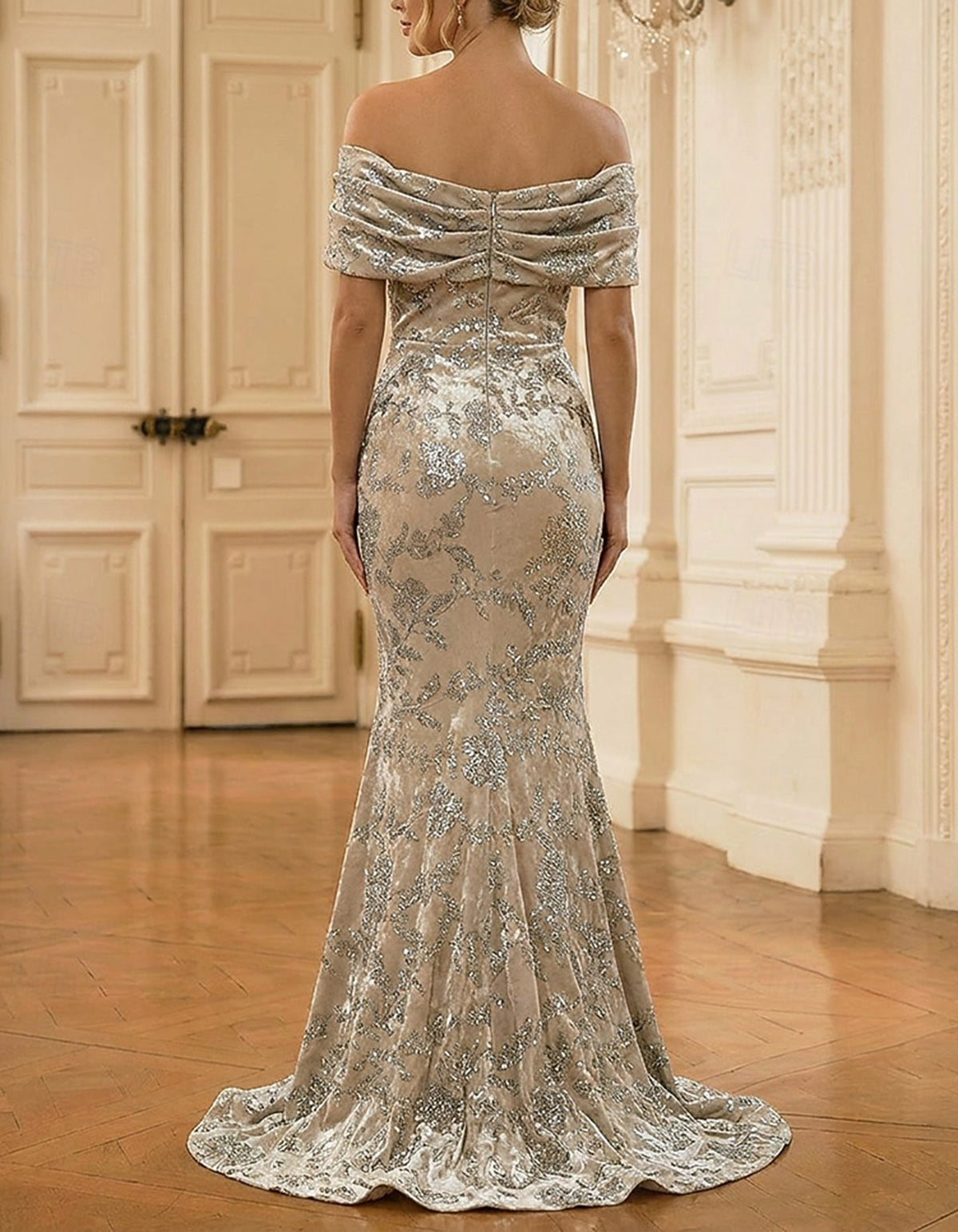 Champagne Gold Off-the-Shoulder Velvet Sequin Maxi Dress