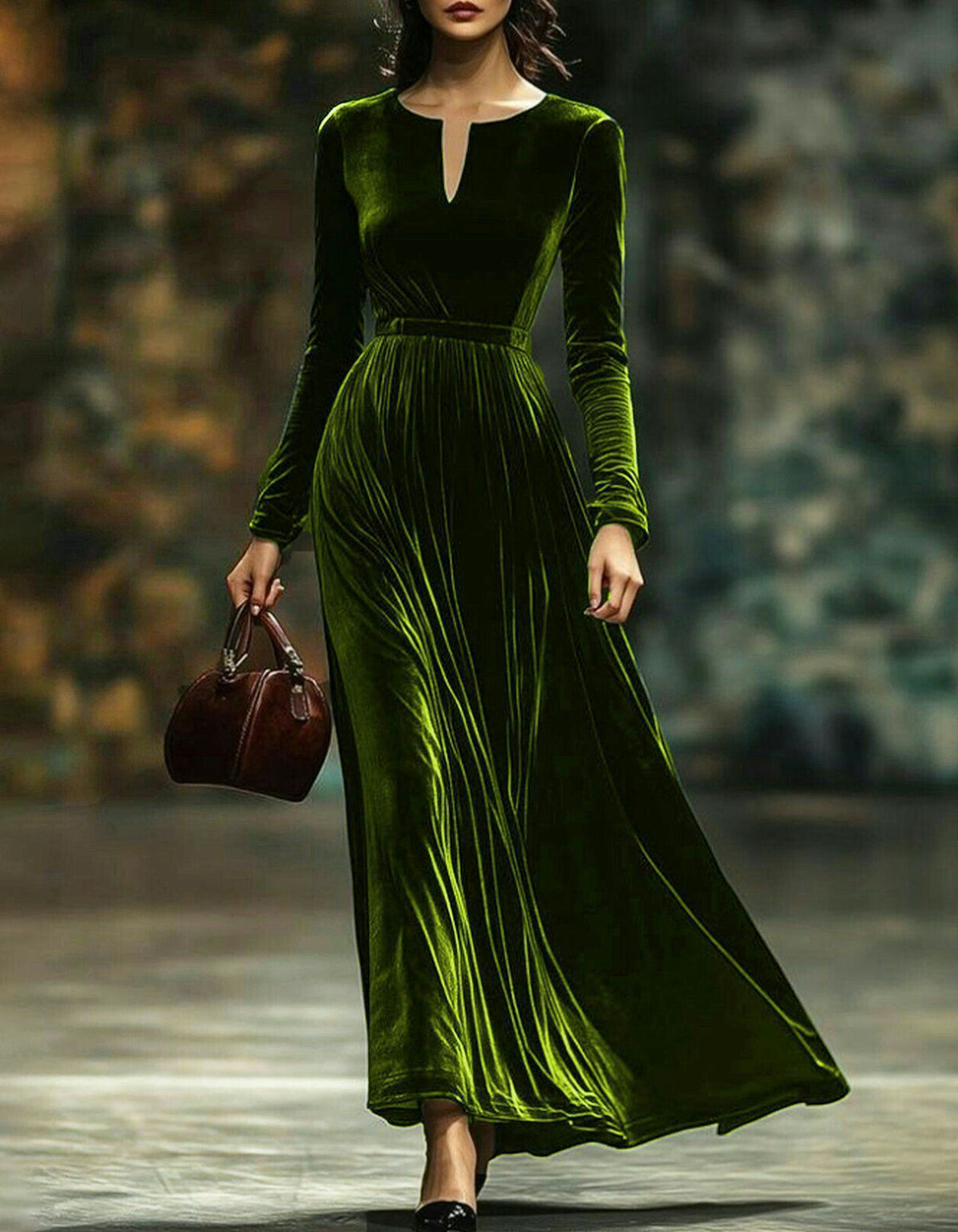 Robe longue trapèze en velours vert olive, manches longues, col cranté avec ouverture en goutte