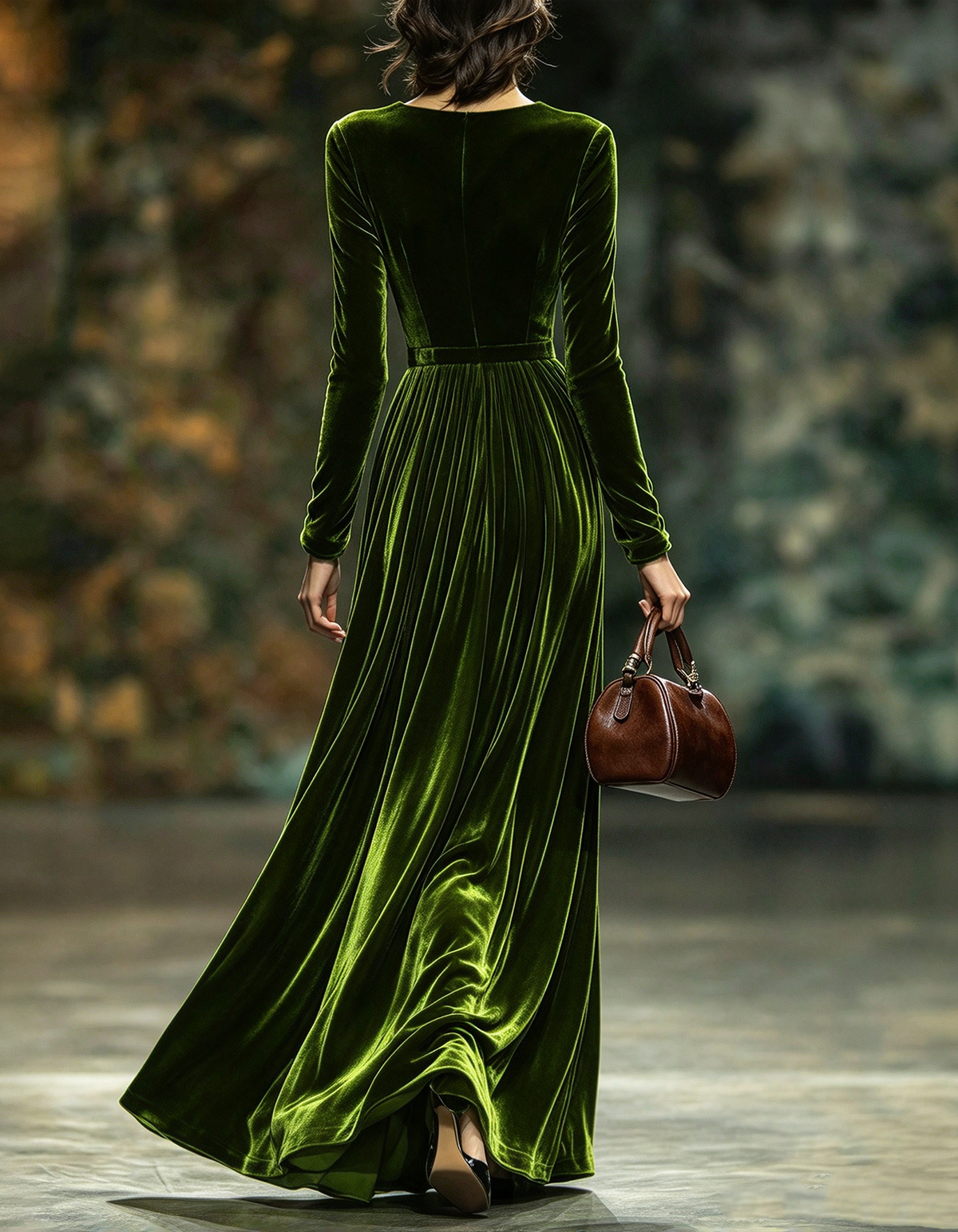 Robe longue trapèze en velours vert olive, manches longues, col cranté avec ouverture en goutte