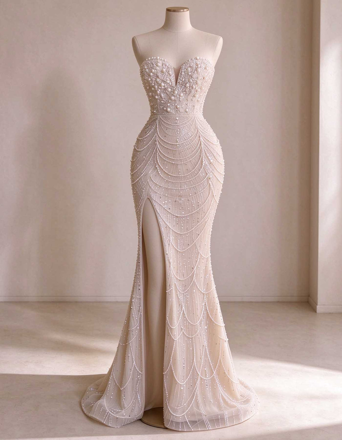 Vestido largo color nude sin tirantes, con escote corazón y abundantes cuentas de perlas y diamantes de imitación