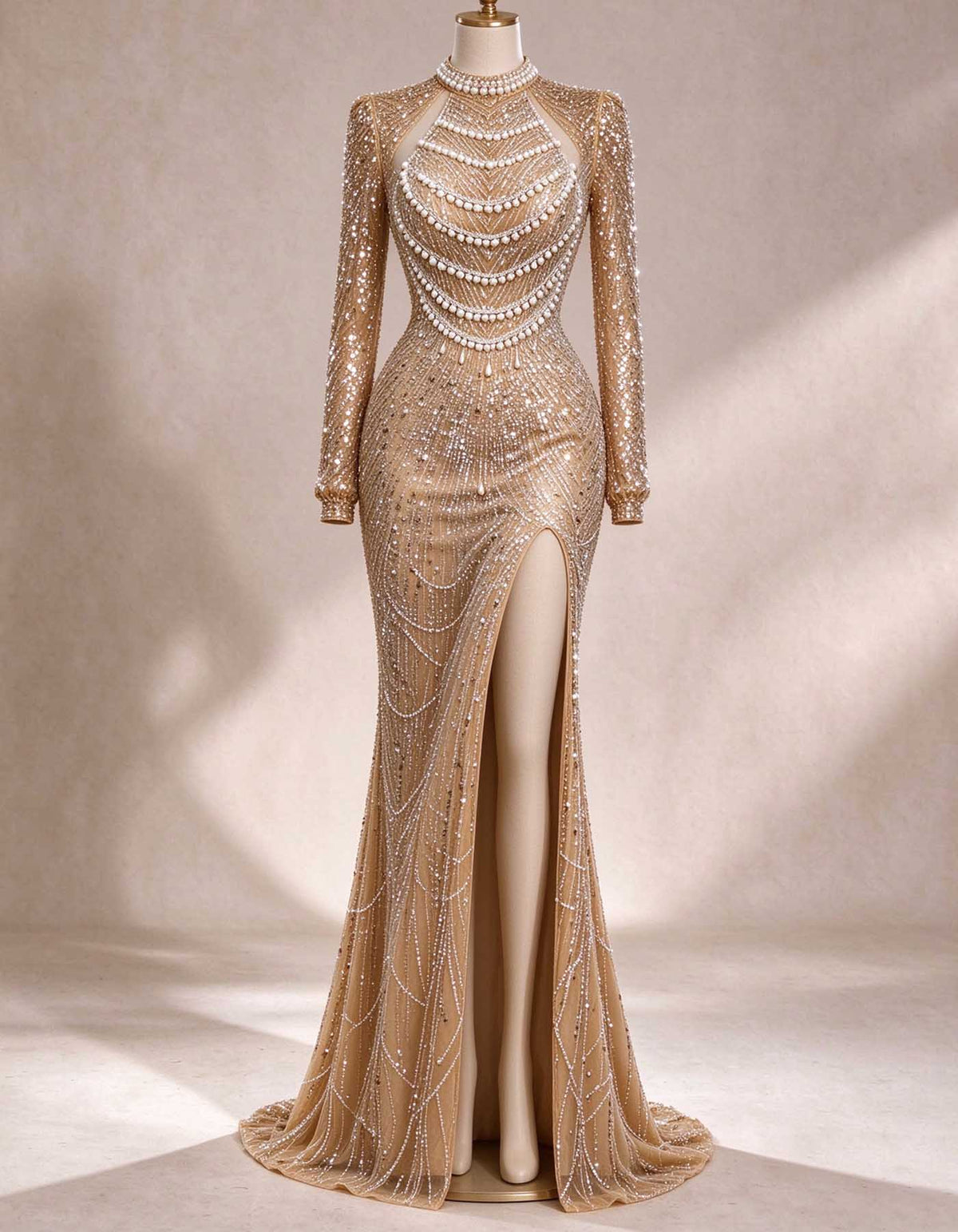 Vestido maxi dourado de gola subida, mangas compridas e contas de strass e pérolas