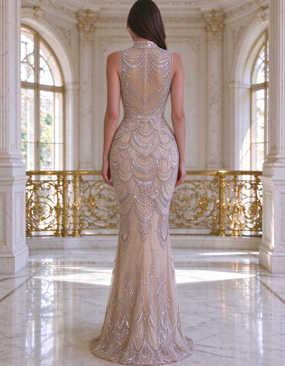Vestido maxi cor de champanhe, sem mangas, com gola subida e muitas contas bordadas