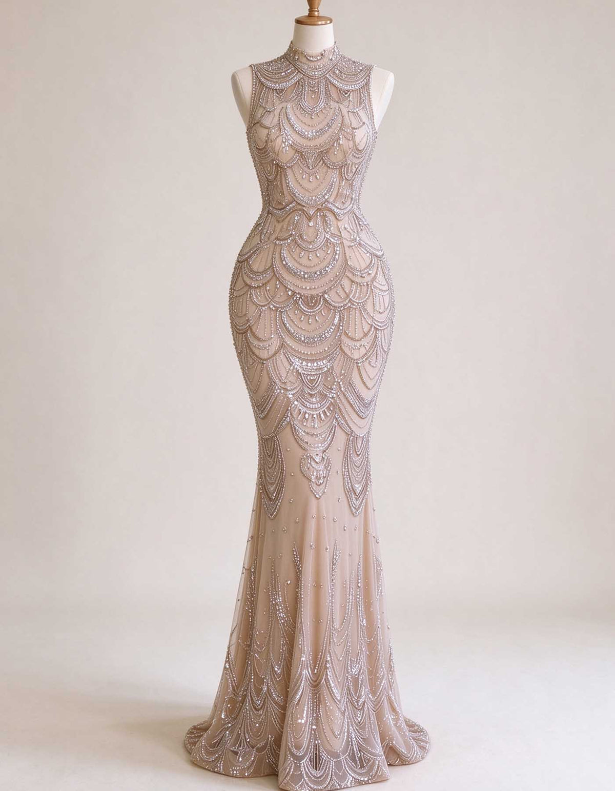 Vestido maxi cor de champanhe, sem mangas, com gola subida e muitas contas bordadas