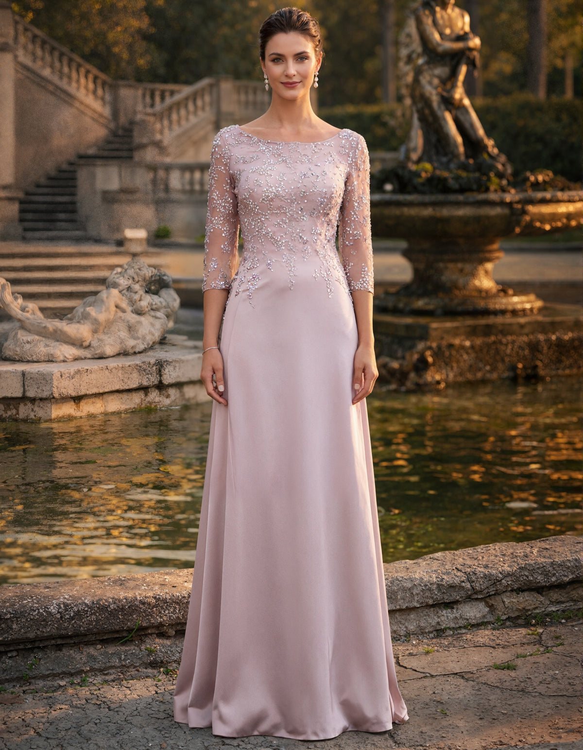 Maxikleid in Uni-Farbe mit langen Ärmeln, V-Ausschnitt und Pailletten