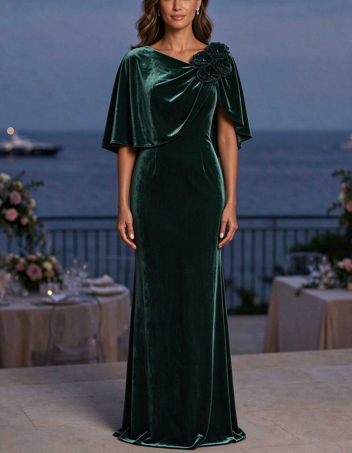 Robe longue en velours à manches cape, ornée de fleurs en 3D et de coupe sirène