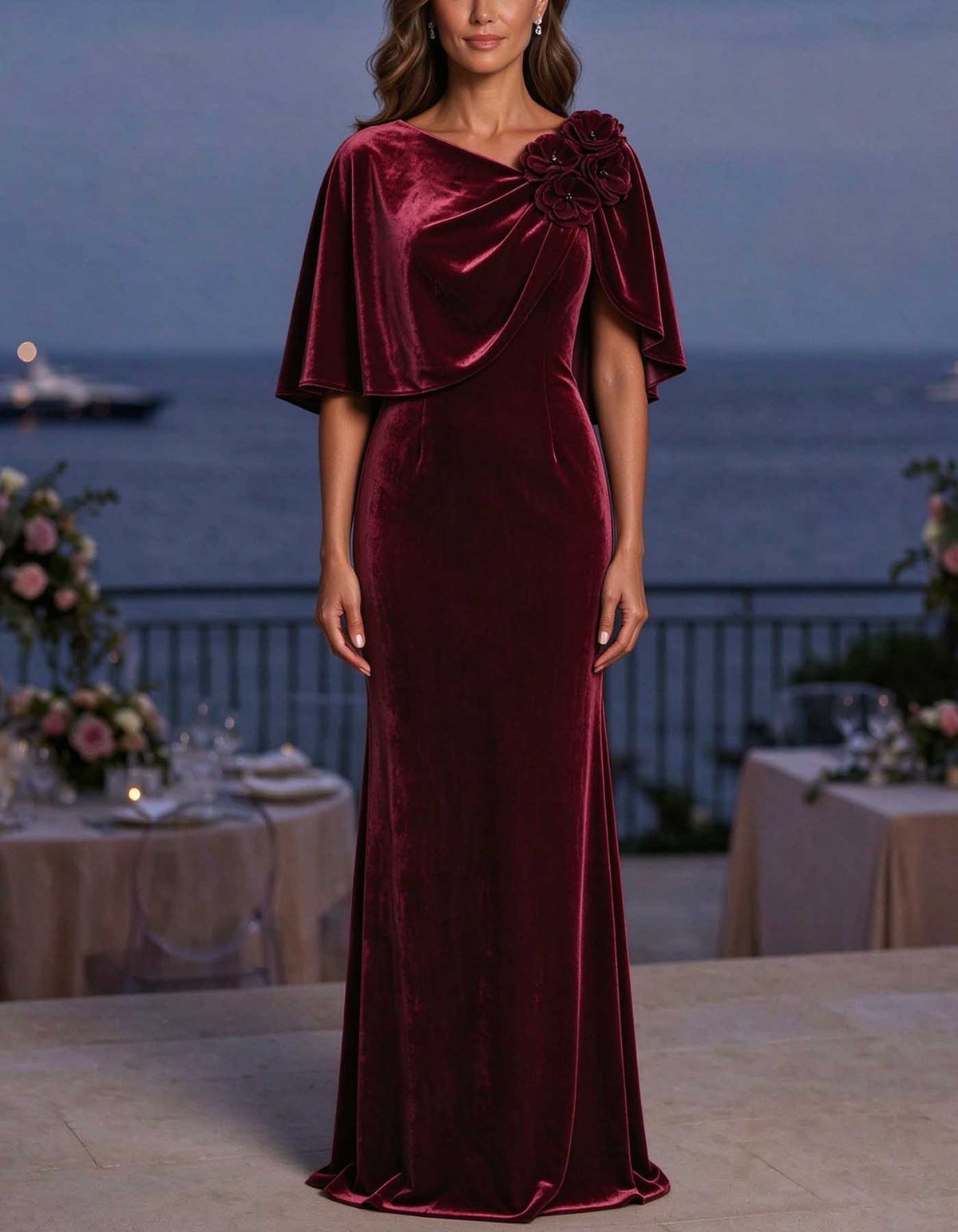 Robe longue en velours à manches cape, ornée de fleurs en 3D et de coupe sirène