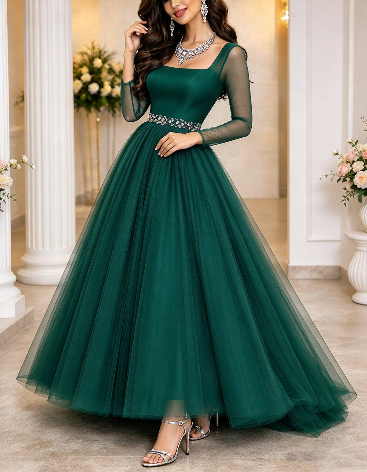 Bordeauxrotes Maxikleid aus Tüll mit eckigem Ausschnitt und langen transparenten Ärmeln
