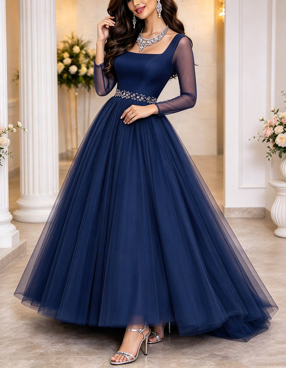Bordeauxrotes Maxikleid aus Tüll mit eckigem Ausschnitt und langen transparenten Ärmeln