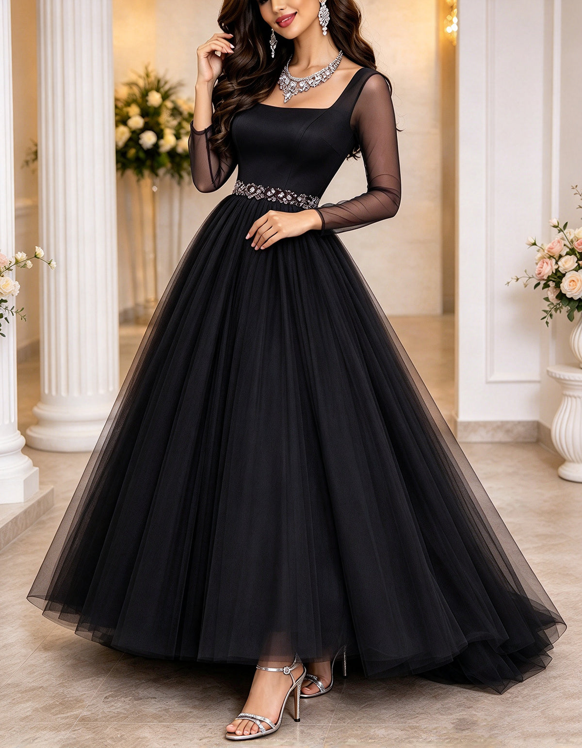 Bordeauxrotes Maxikleid aus Tüll mit eckigem Ausschnitt und langen transparenten Ärmeln