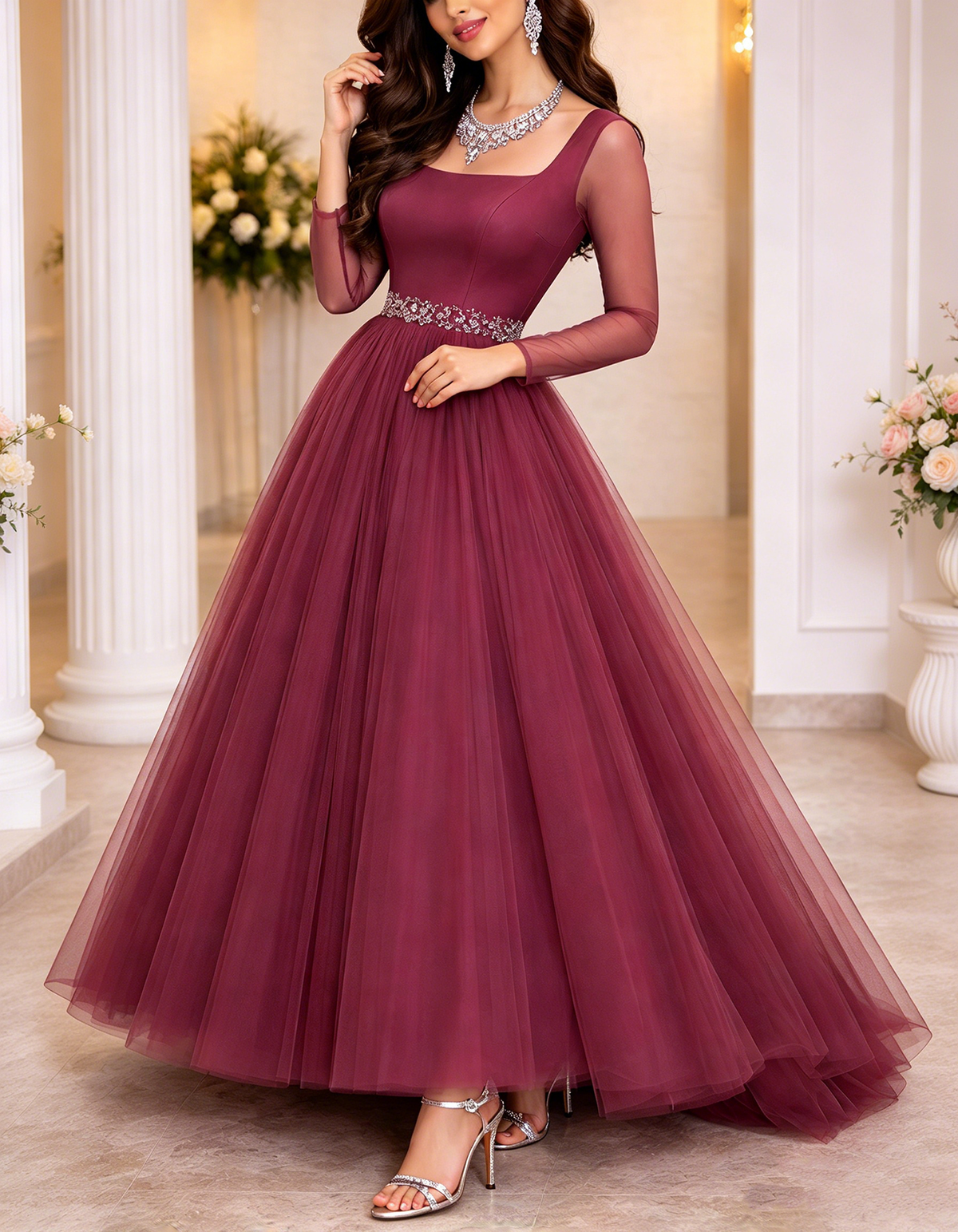 Bordeauxrotes Maxikleid aus Tüll mit eckigem Ausschnitt und langen transparenten Ärmeln