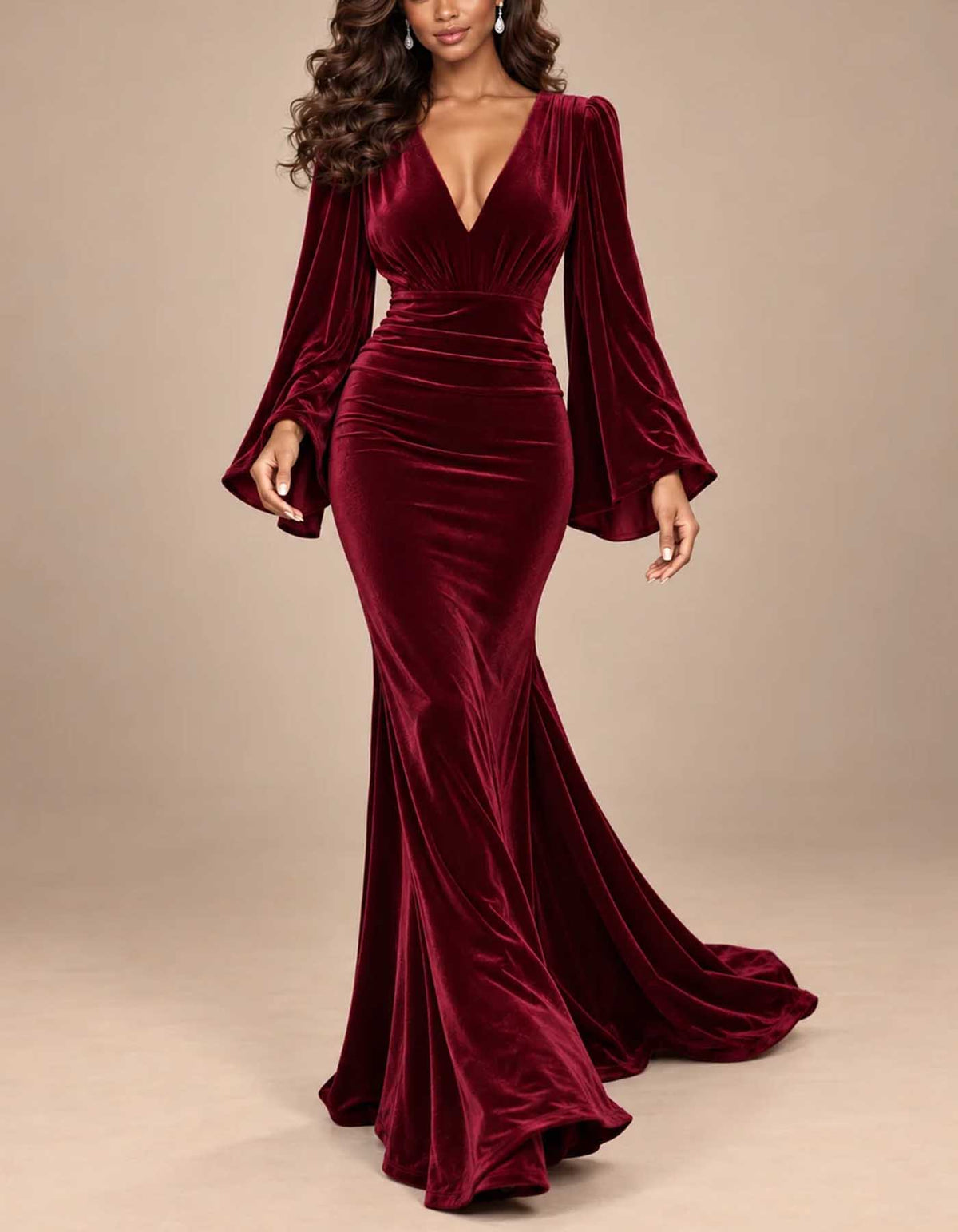 Vestido maxi burdeos de terciopelo, con escote en V pronunciado, mangas acampanadas y corte de sirena