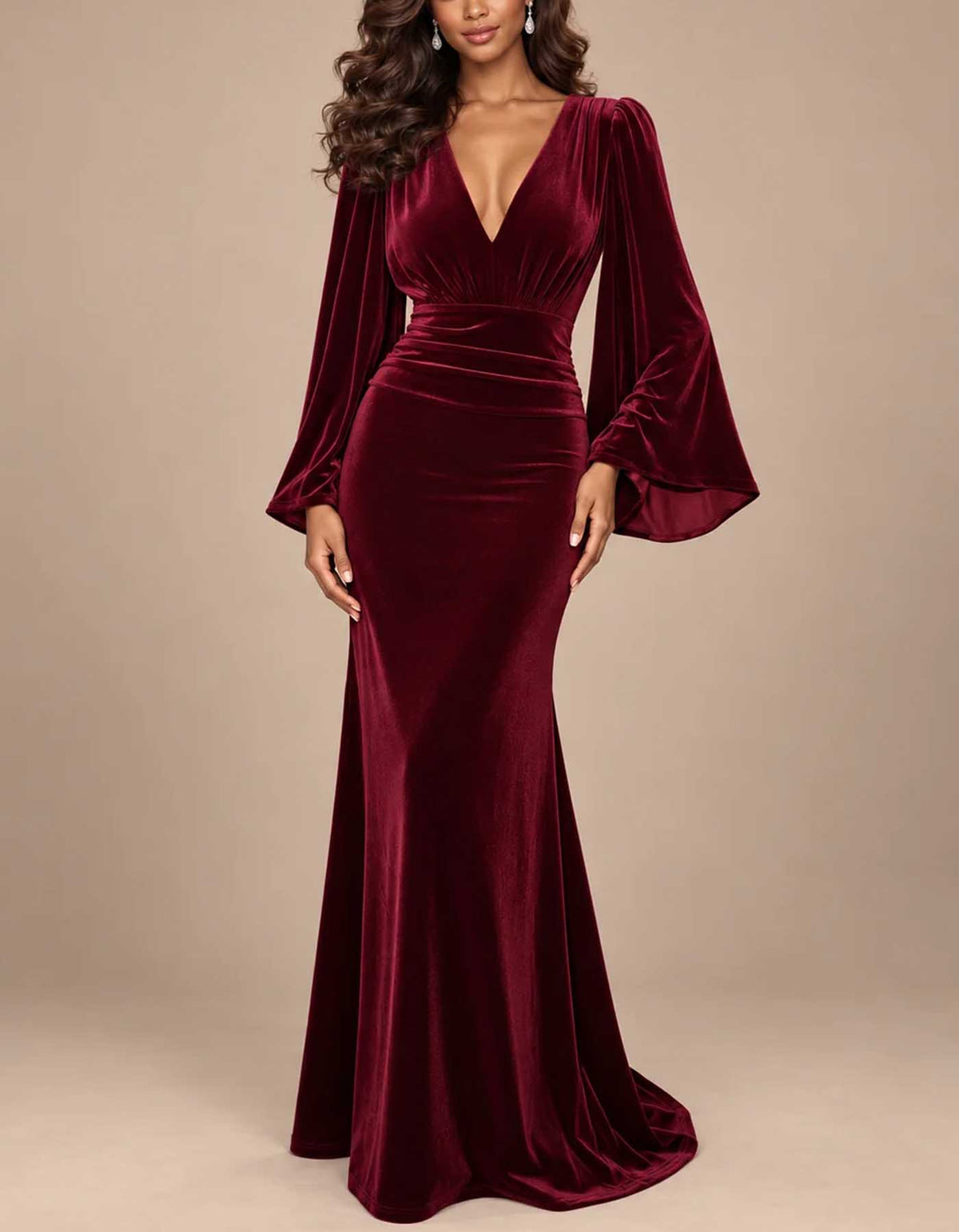 Vestido maxi burdeos de terciopelo, con escote en V pronunciado, mangas acampanadas y corte de sirena