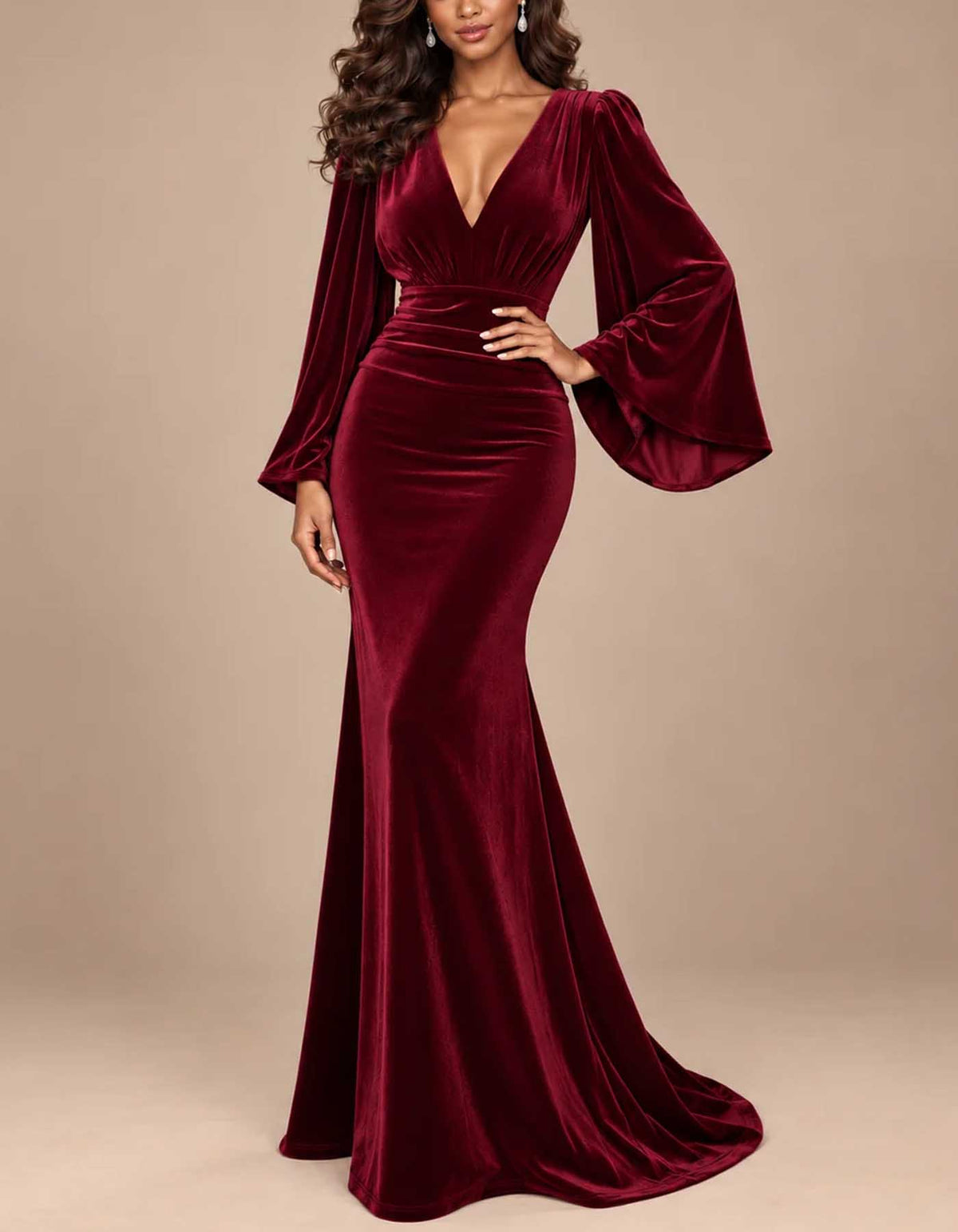 Vestido maxi burdeos de terciopelo, con escote en V pronunciado, mangas acampanadas y corte de sirena