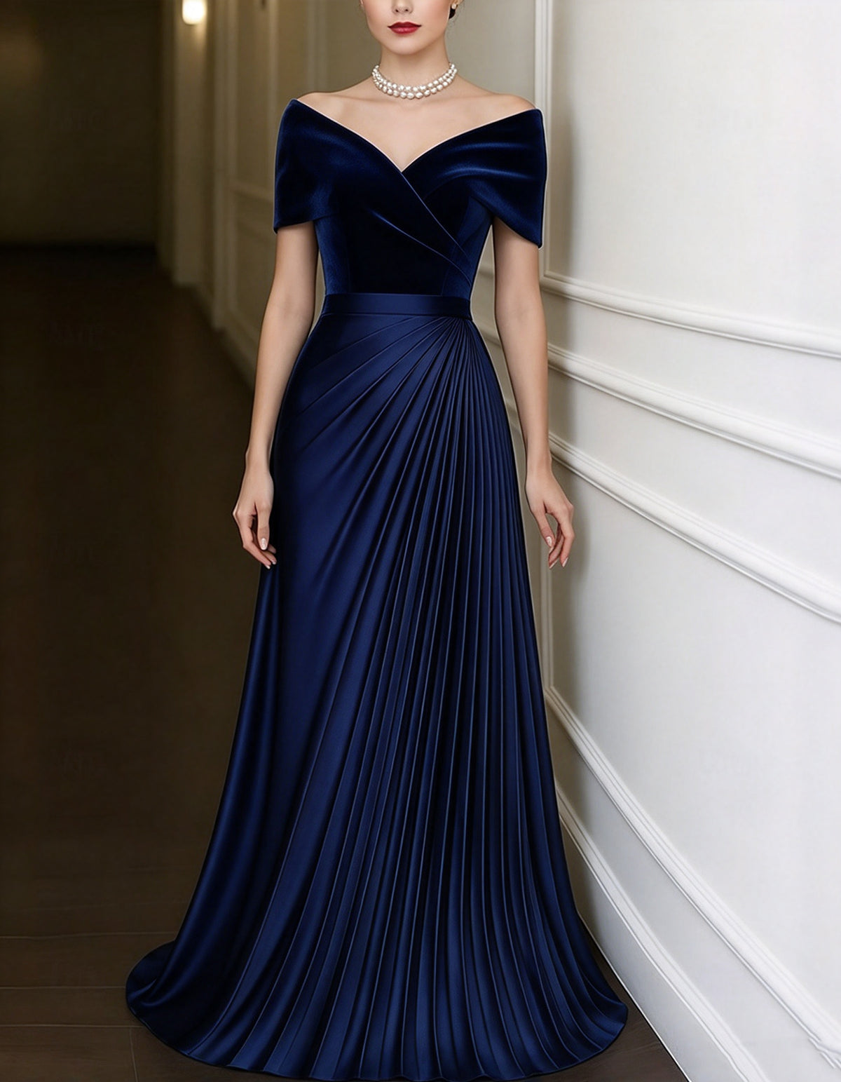 Robe longue en velours vert à épaules dénudées et jupe plissée en satin