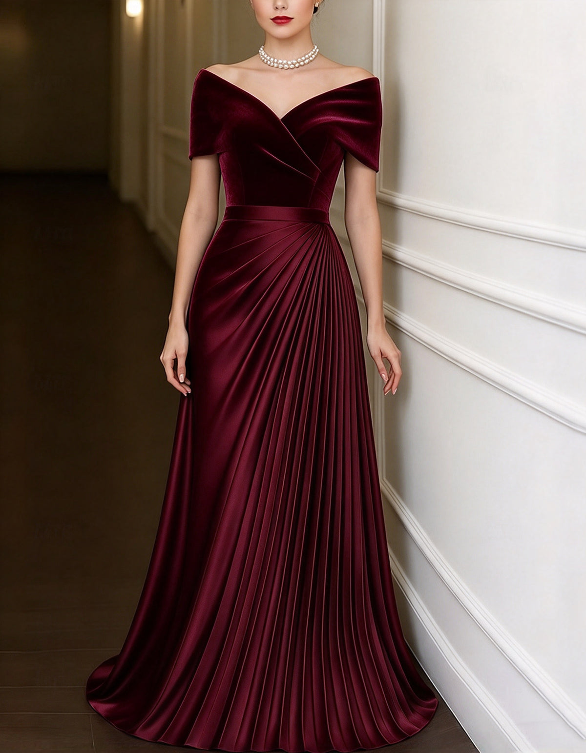 Robe longue en velours vert à épaules dénudées et jupe plissée en satin