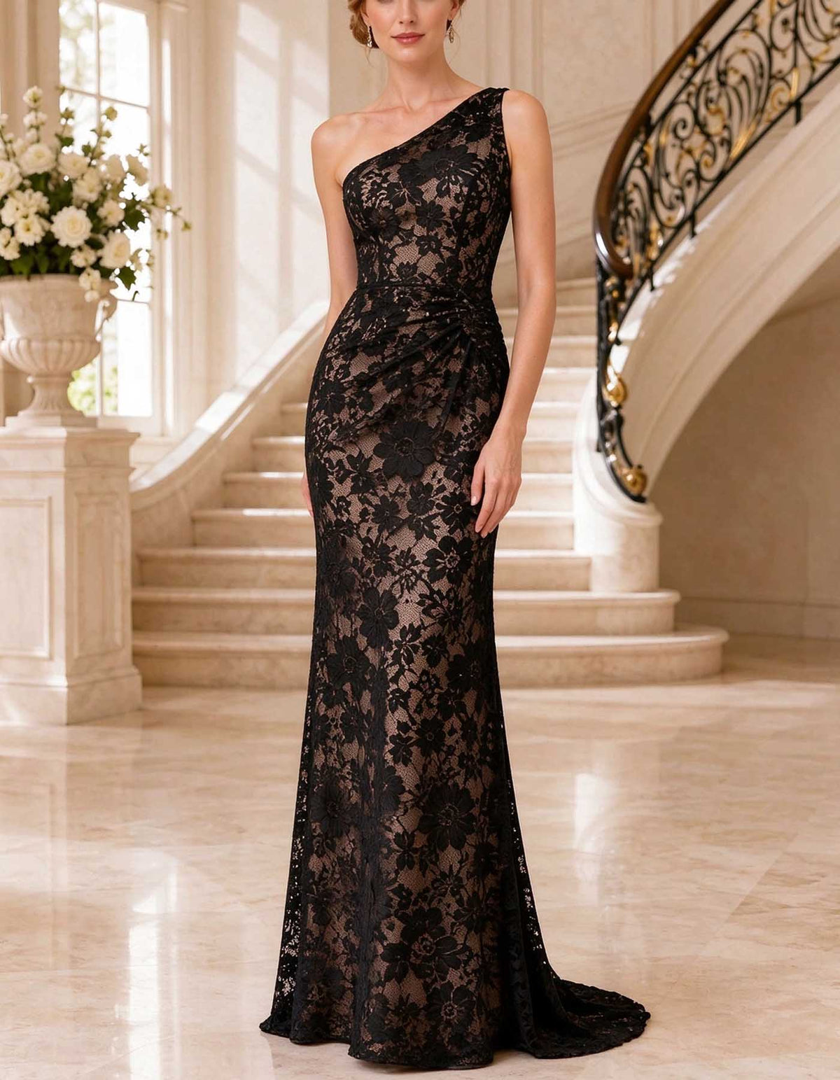 Black One Shoulder Ruched Waist Floral Lace Maxi Dress