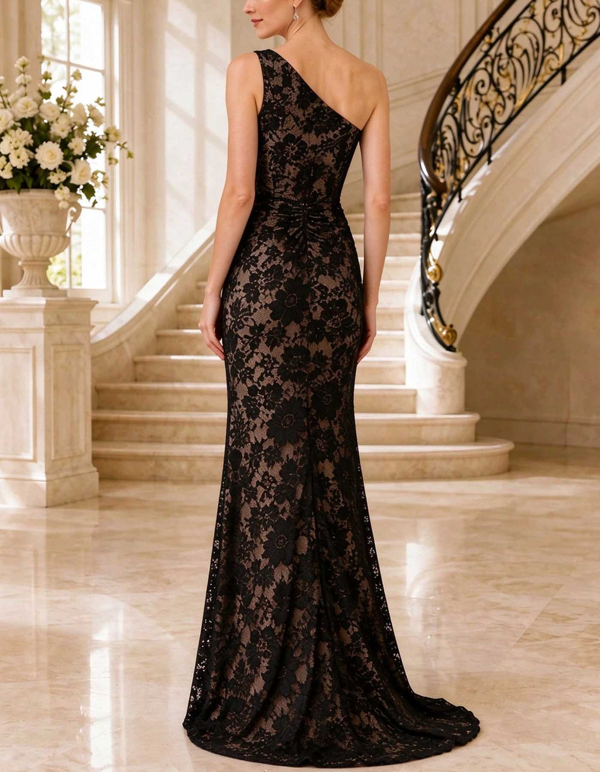 Black One Shoulder Ruched Waist Floral Lace Maxi Dress
