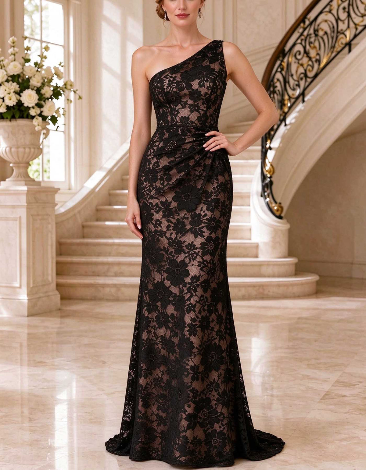 Black One Shoulder Ruched Waist Floral Lace Maxi Dress