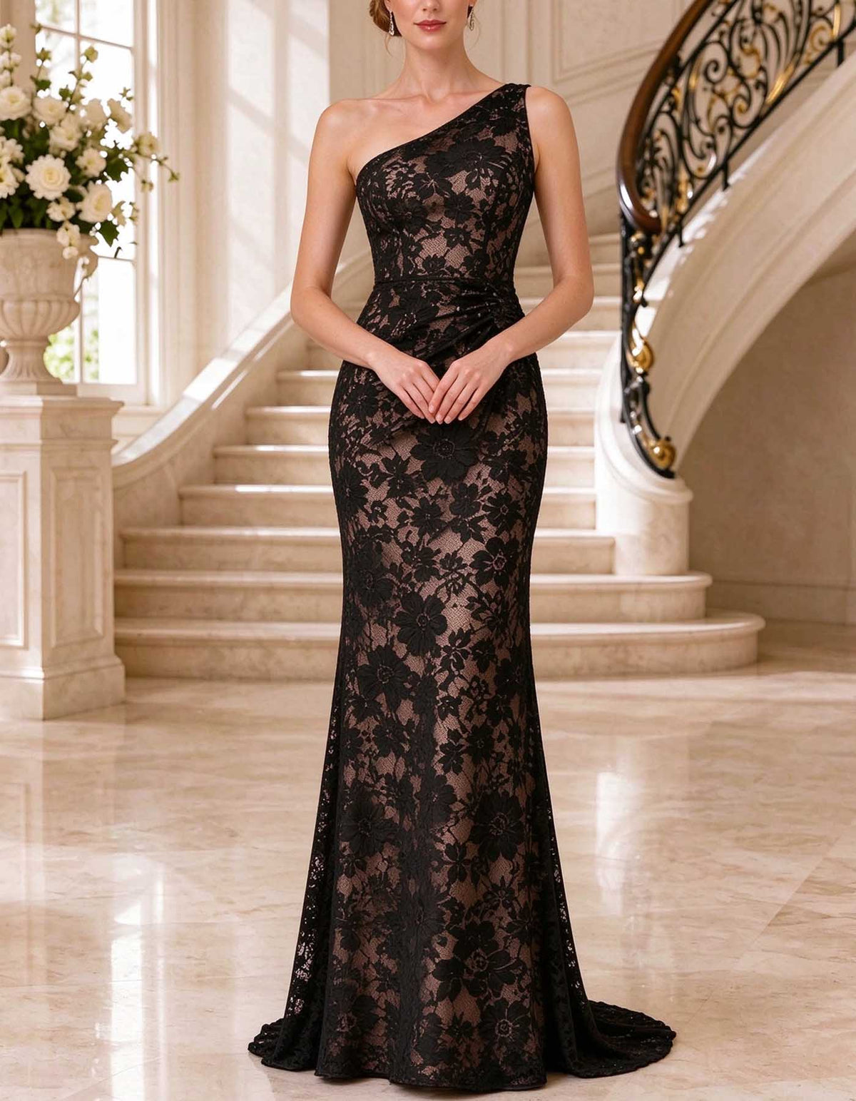 Black One Shoulder Ruched Waist Floral Lace Maxi Dress