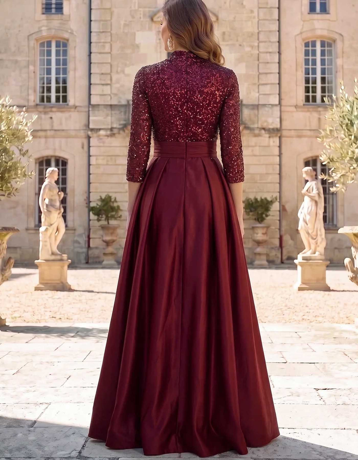 Rochie maxi din satin vișiniu cu paiete, guler înalt și mâneci 3/4