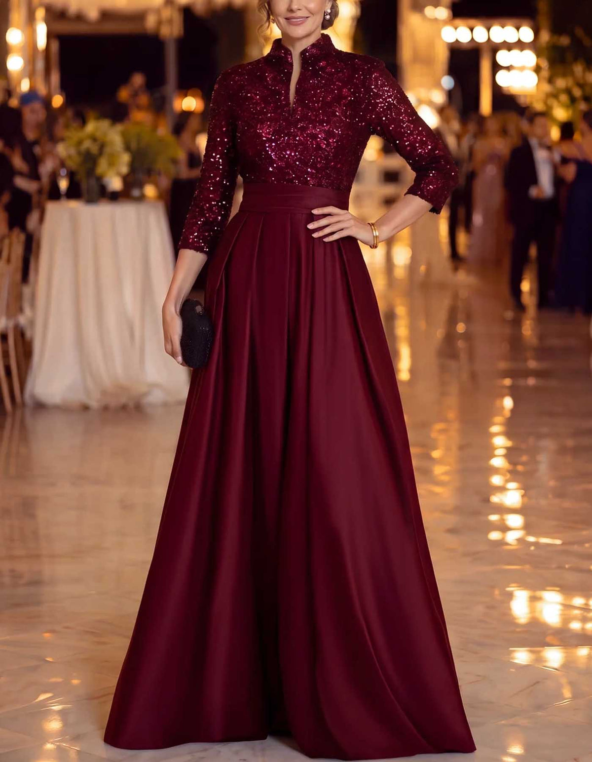 Burgundy Sequin High Neck 3/4 Sleeve Satin Maxi Dress