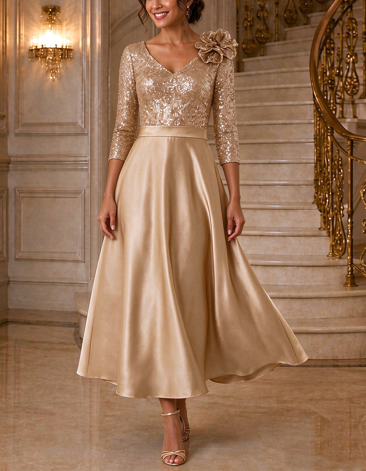 Einfarbiges Midi-Kleid mit V-Ausschnitt und Pailletten