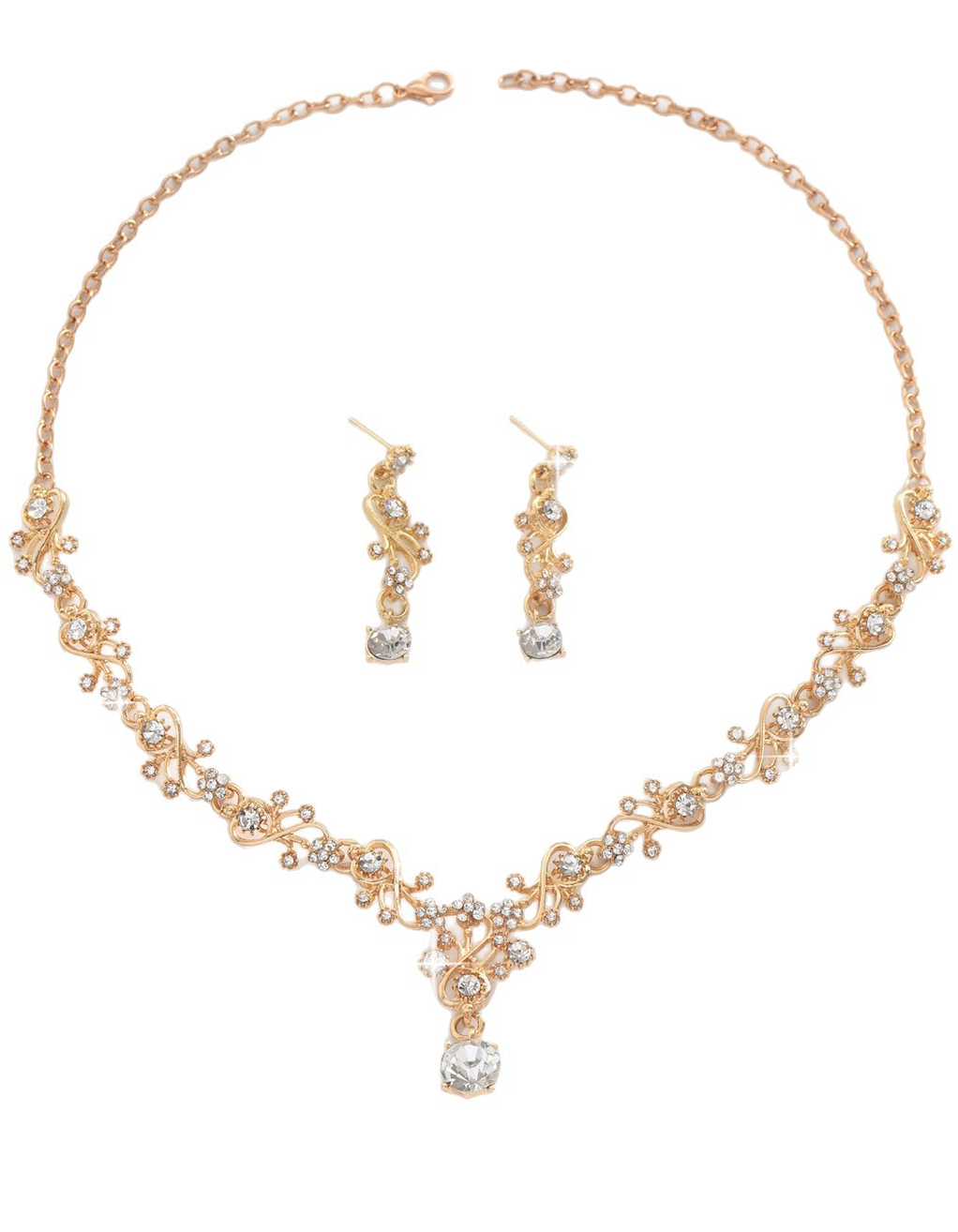 Goldfarbenes Schmuckset aus Strass-Blatthalskette und Ohrringen für Damen, für Abendveranstaltungen und Partys