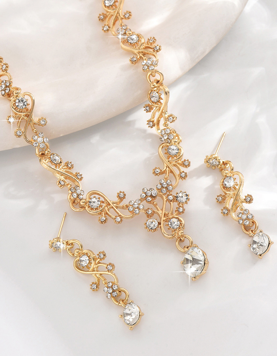 Goldfarbenes Schmuckset aus Strass-Blatthalskette und Ohrringen für Damen, für Abendveranstaltungen und Partys