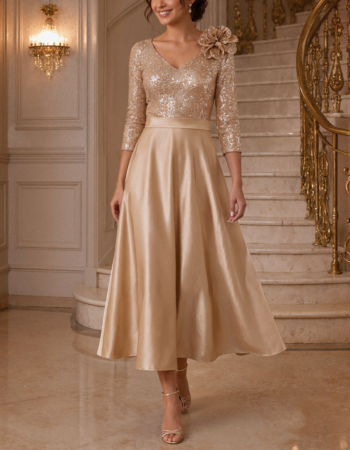 Einfarbiges Midi-Kleid mit V-Ausschnitt und Pailletten