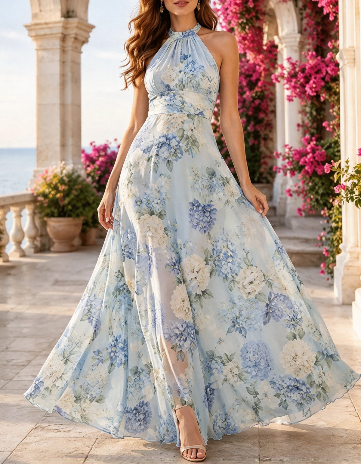 Langes Maxikleid im A-Linien-Schnitt aus Chiffon mit Floralprint und Neckholder für den Abend