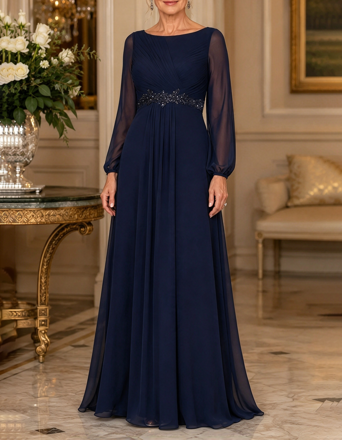 Maxikleid aus Chiffon in A-Linie mit Rundhalsausschnitt, langen Ärmeln und Spitzenbund