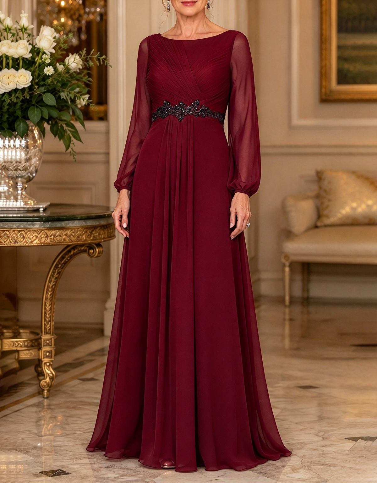 Maxikleid aus Chiffon in A-Linie mit Rundhalsausschnitt, langen Ärmeln und Spitzenbund