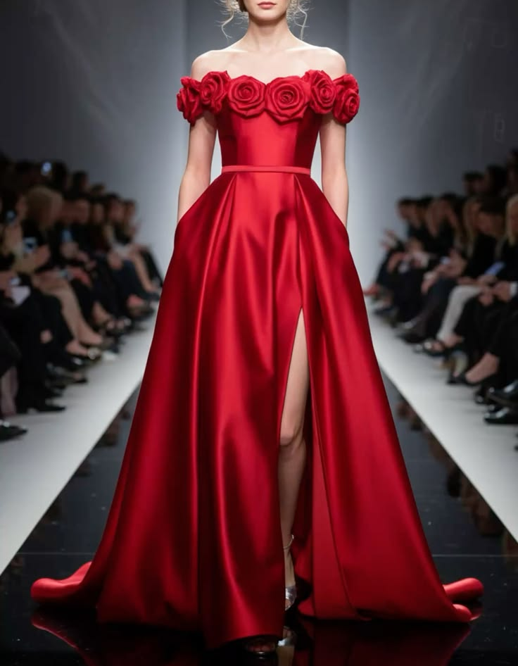 Schulterfreies Abendmaxikleid aus Satin in A-Linie mit 3D-Blüten, Schlitz und langen Ärmeln