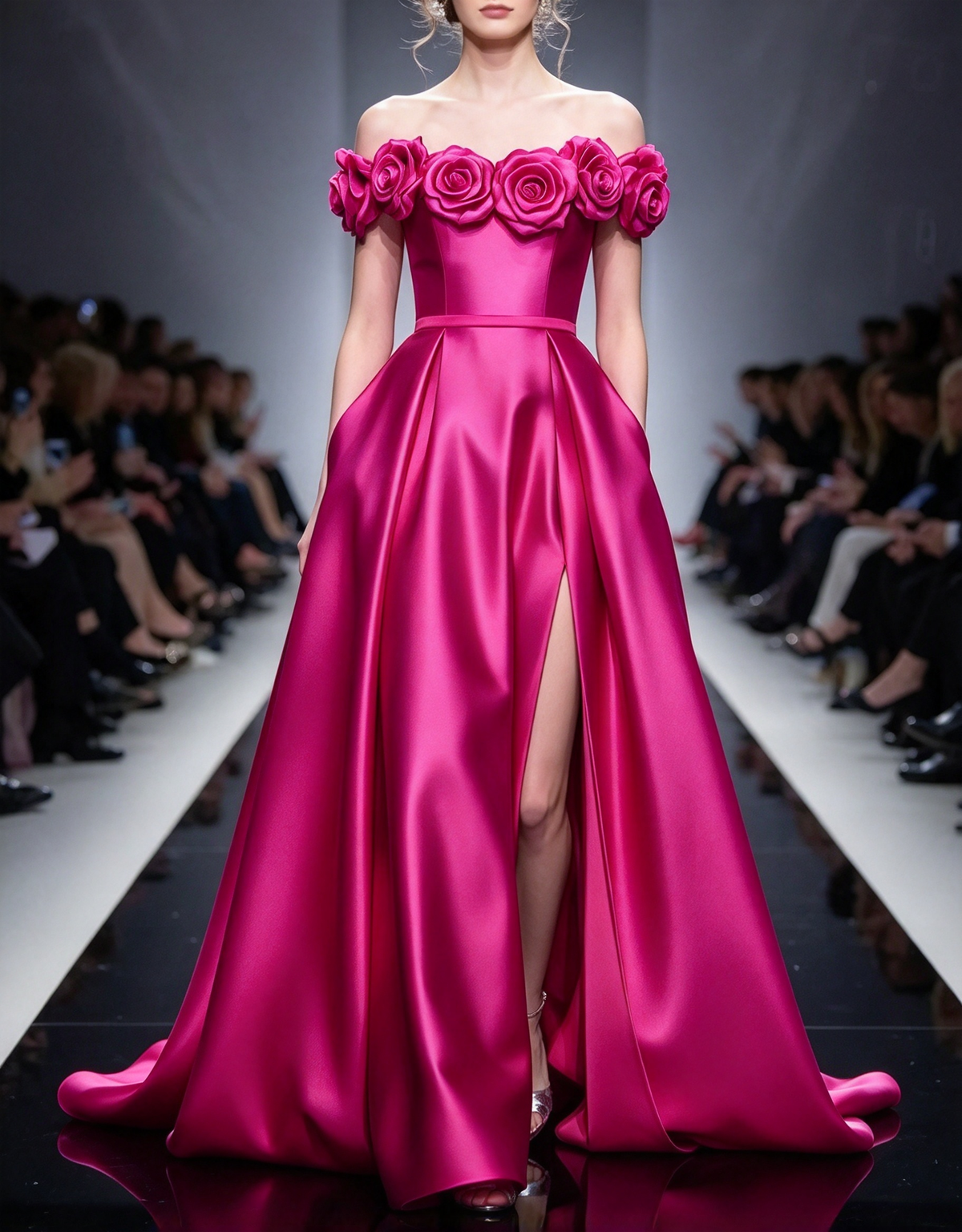 Schulterfreies Abendmaxikleid aus Satin in A-Linie mit 3D-Blüten, Schlitz und langen Ärmeln