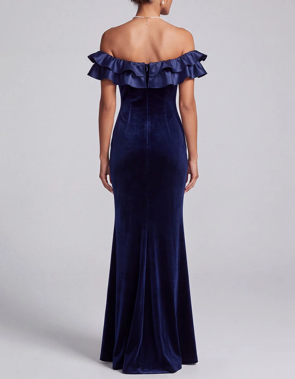 Off Shoulder Ruffled Velvet Mermaid Evening Maxi Dress