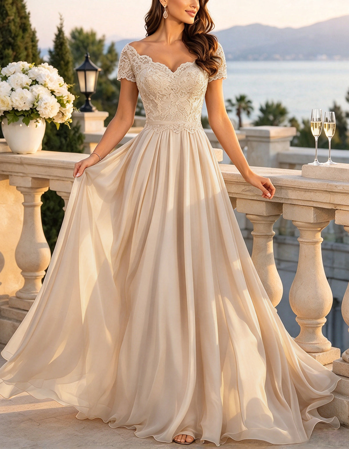Vestido maxi de renda e chiffon de cor lisa