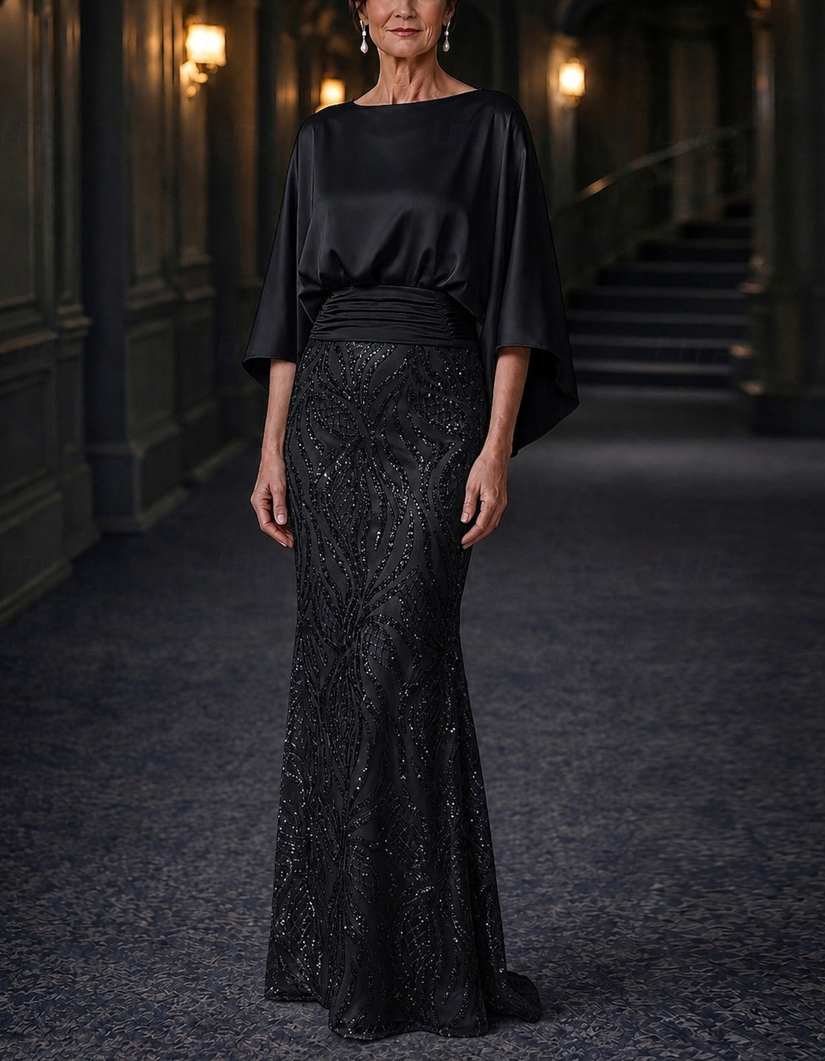 Solid Color Colored Round Neck Sequined Piece Maxi Dress