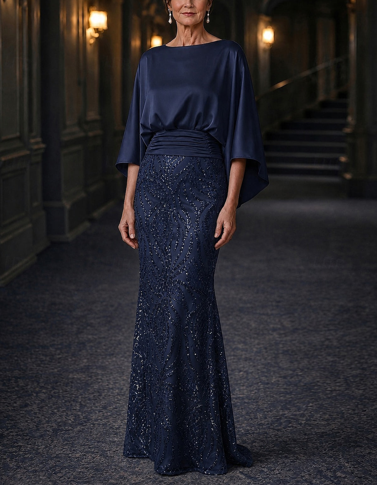 Solid Color Colored Round Neck Sequined Piece Maxi Dress