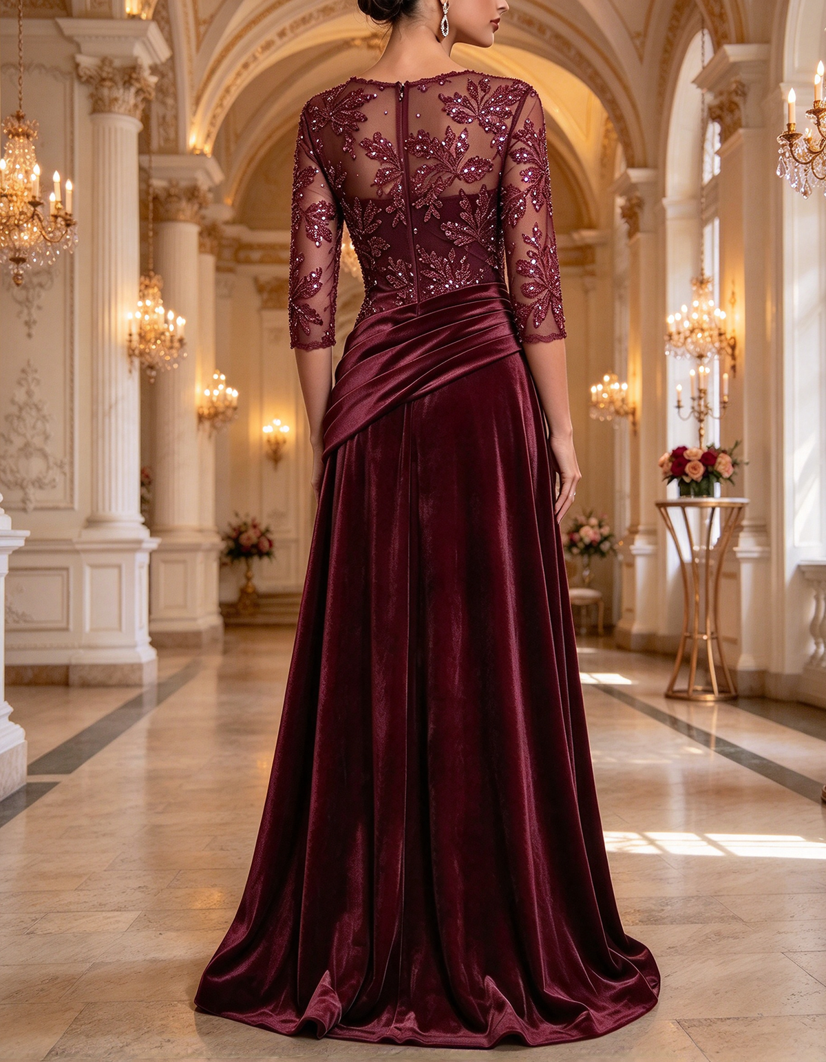 Vestido largo burdeos de encaje con lentejuelas y terciopelo con efecto ilusión