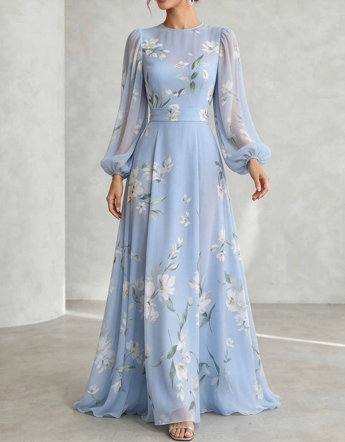 Maxikleid aus Chiffon mit Rundhalsausschnitt, Blumenmuster, Ballonärmeln und A-Linie