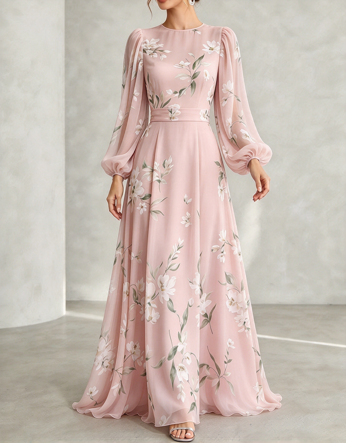 Maxikleid aus Chiffon mit Rundhalsausschnitt, Blumenmuster, Ballonärmeln und A-Linie