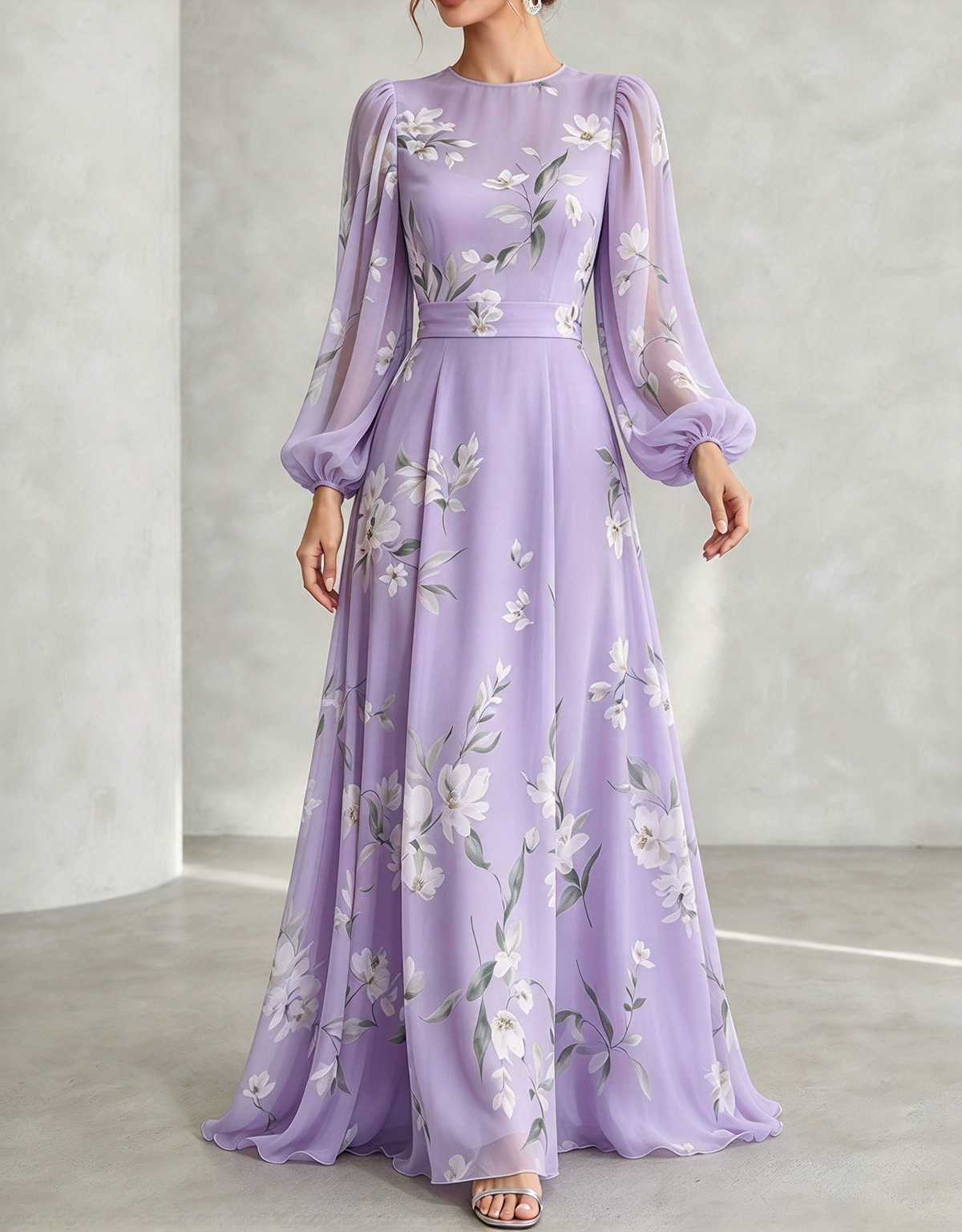 Vestido comprido de chiffon com decote redondo, estampado floral, mangas balão e corte em linha A