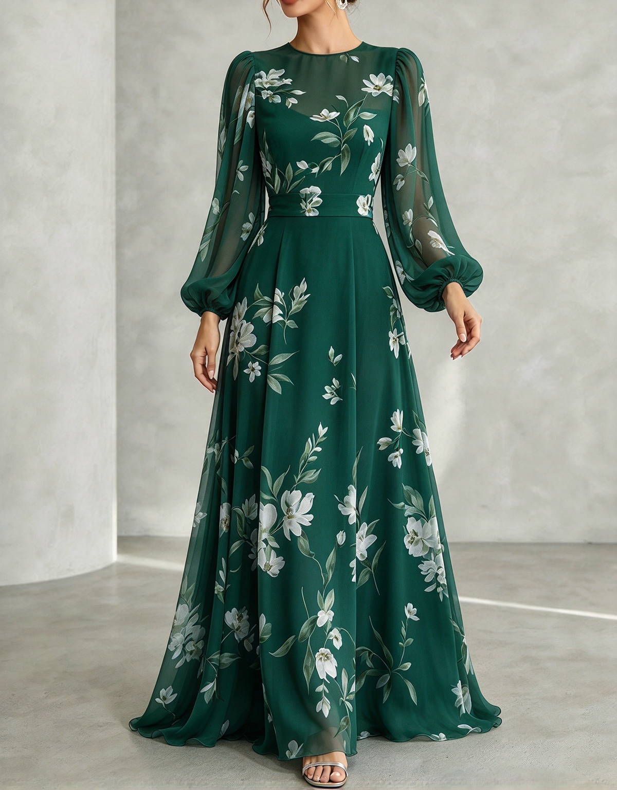 Vestido comprido de chiffon com decote redondo, estampado floral, mangas balão e corte em linha A