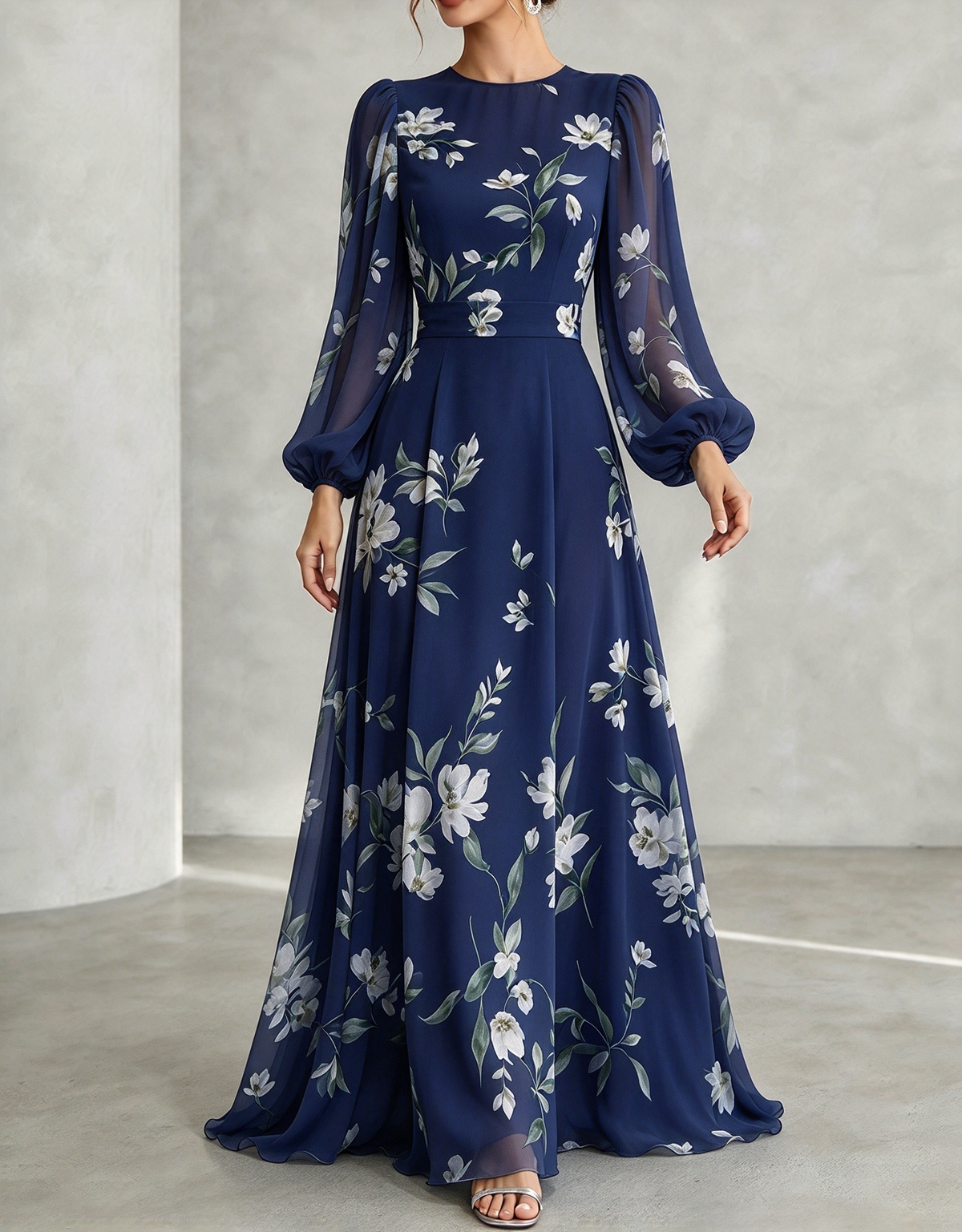 Vestido comprido de chiffon com decote redondo, estampado floral, mangas balão e corte em linha A