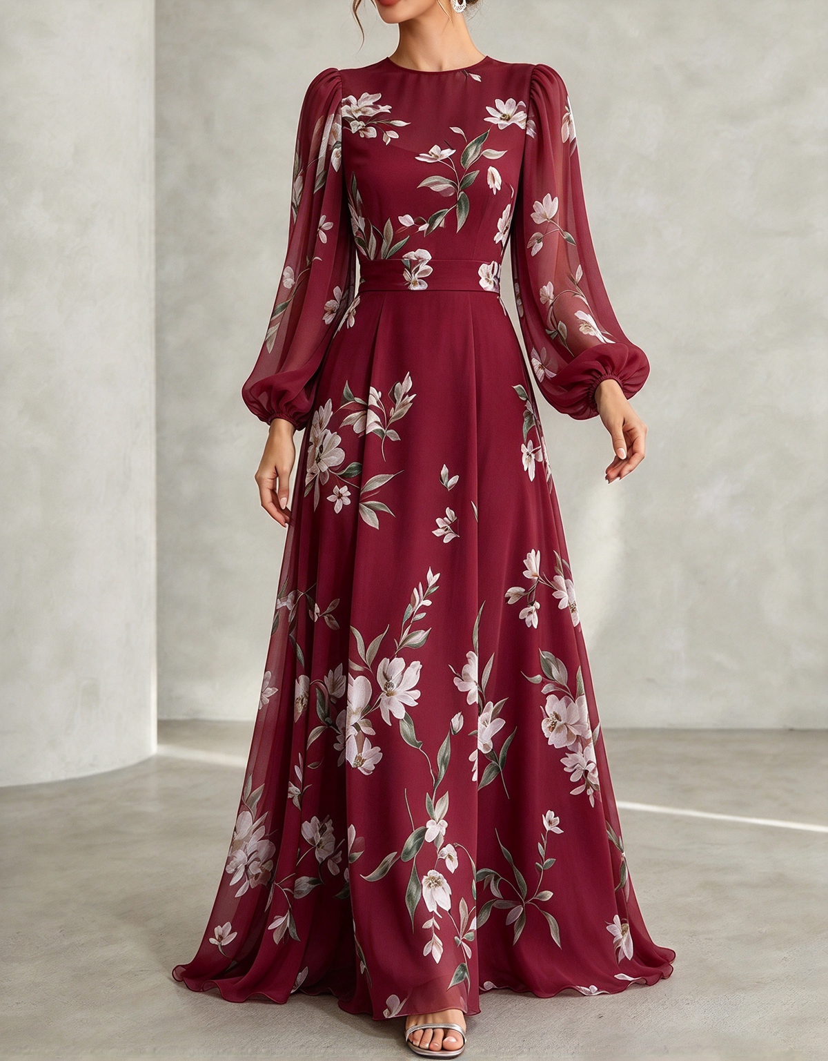 Vestido comprido de chiffon com decote redondo, estampado floral, mangas balão e corte em linha A